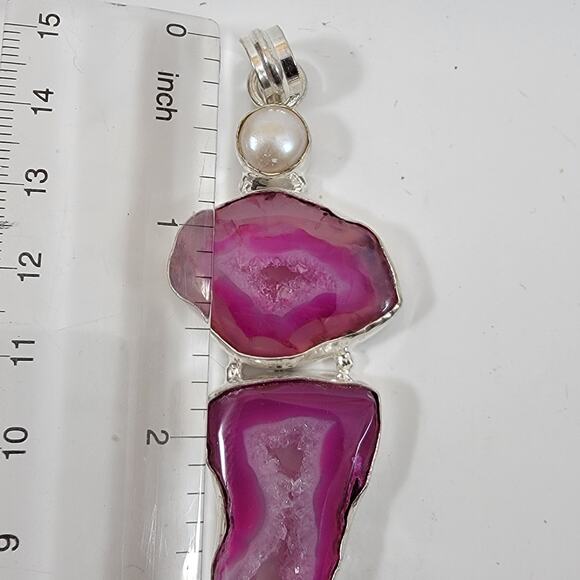 Handmade Silver Pendant with Pink Agate Slices and Freshwater Pearl - Picture 7 of 10